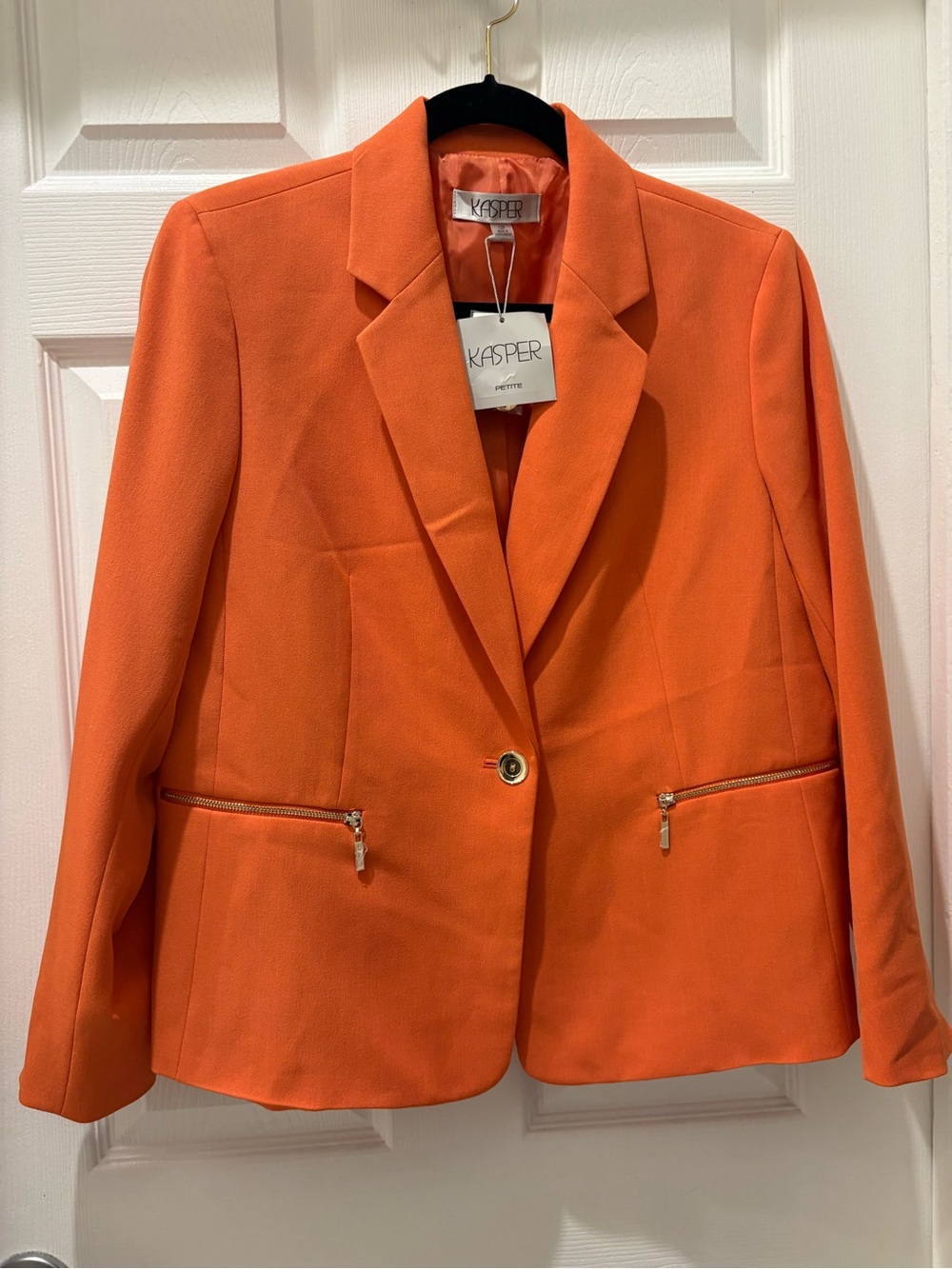 Kasper Petite 12P NWT Orange One-Button Blazer Gold Zip Pocket Career Jacket - Picture 3 of 7